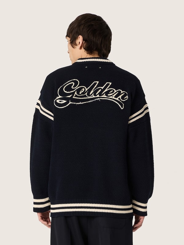 Golden Goose - Men's boxy sweater in dark blue cotton with embroidery in 