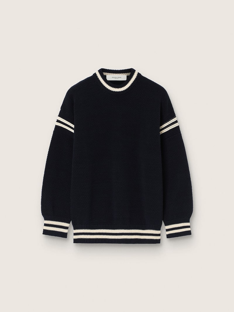 Maglione boxy da uomo in cotone blu scuro con ricamo