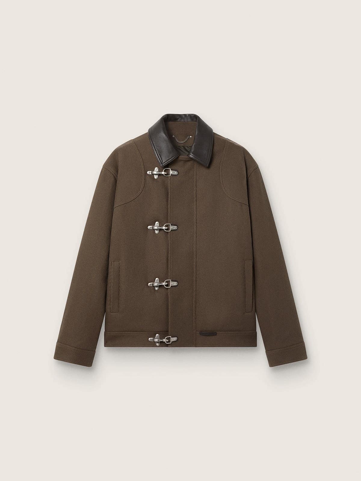 Golden Goose - Men's short padded jacket in brown cotton with metal hook fastening and leather collar in 