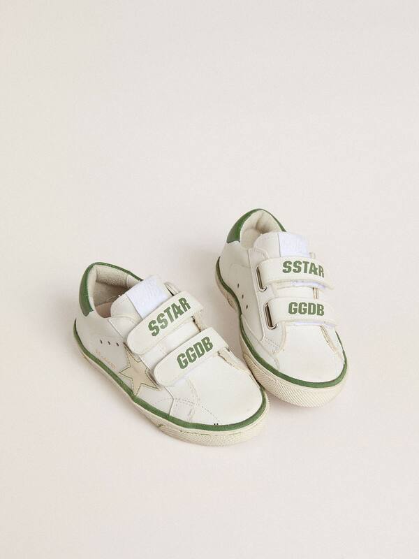 Golden Goose - Teen Old School in white leather with green nappa heel tab and green insert in 