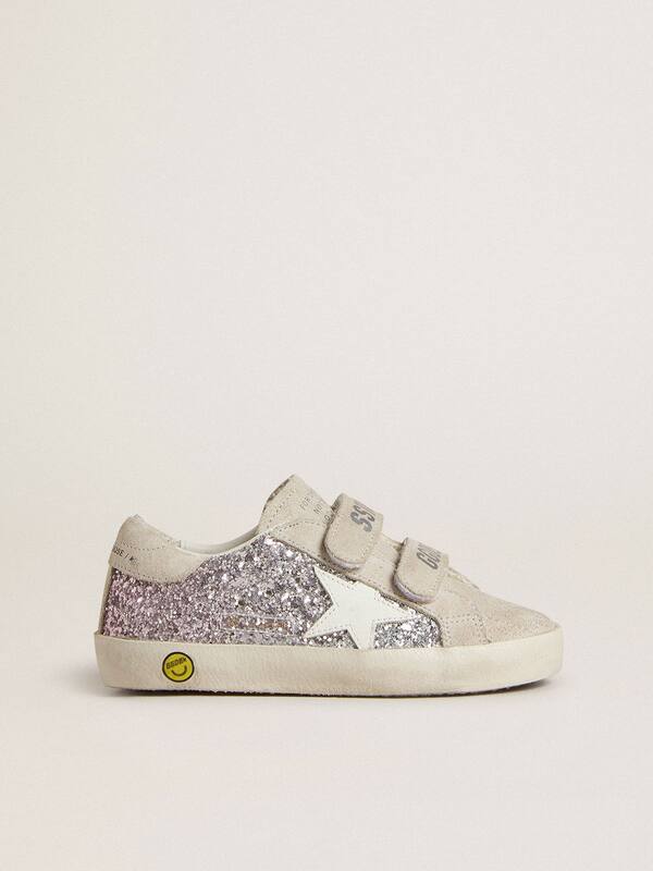 Golden Goose - Teen Old School in silver and pink glitter with white leather star in 
