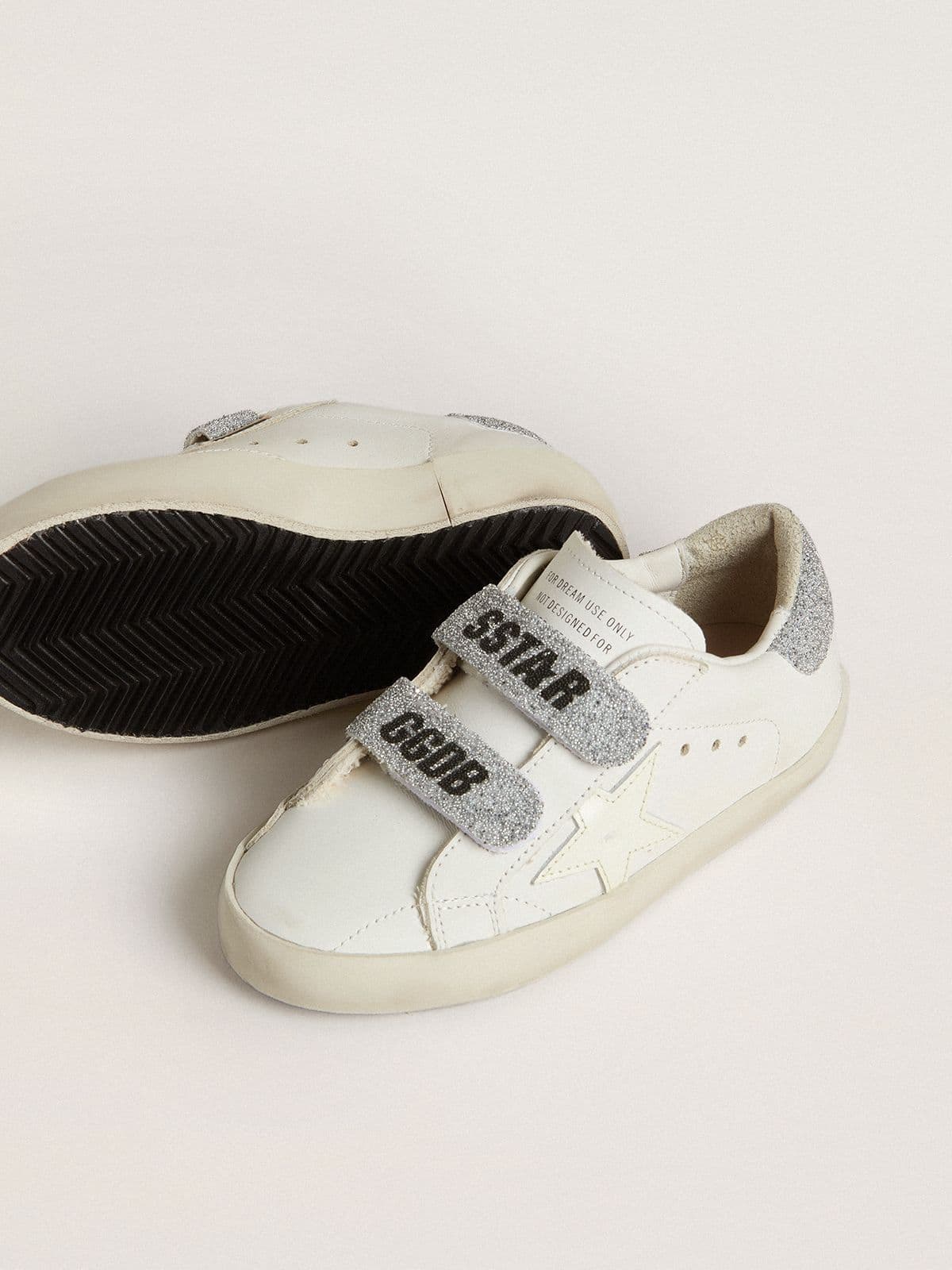 Golden Goose - Old School Teen en cuir blanc avec contrefort et bandes en cristaux Swarovski argentés in 