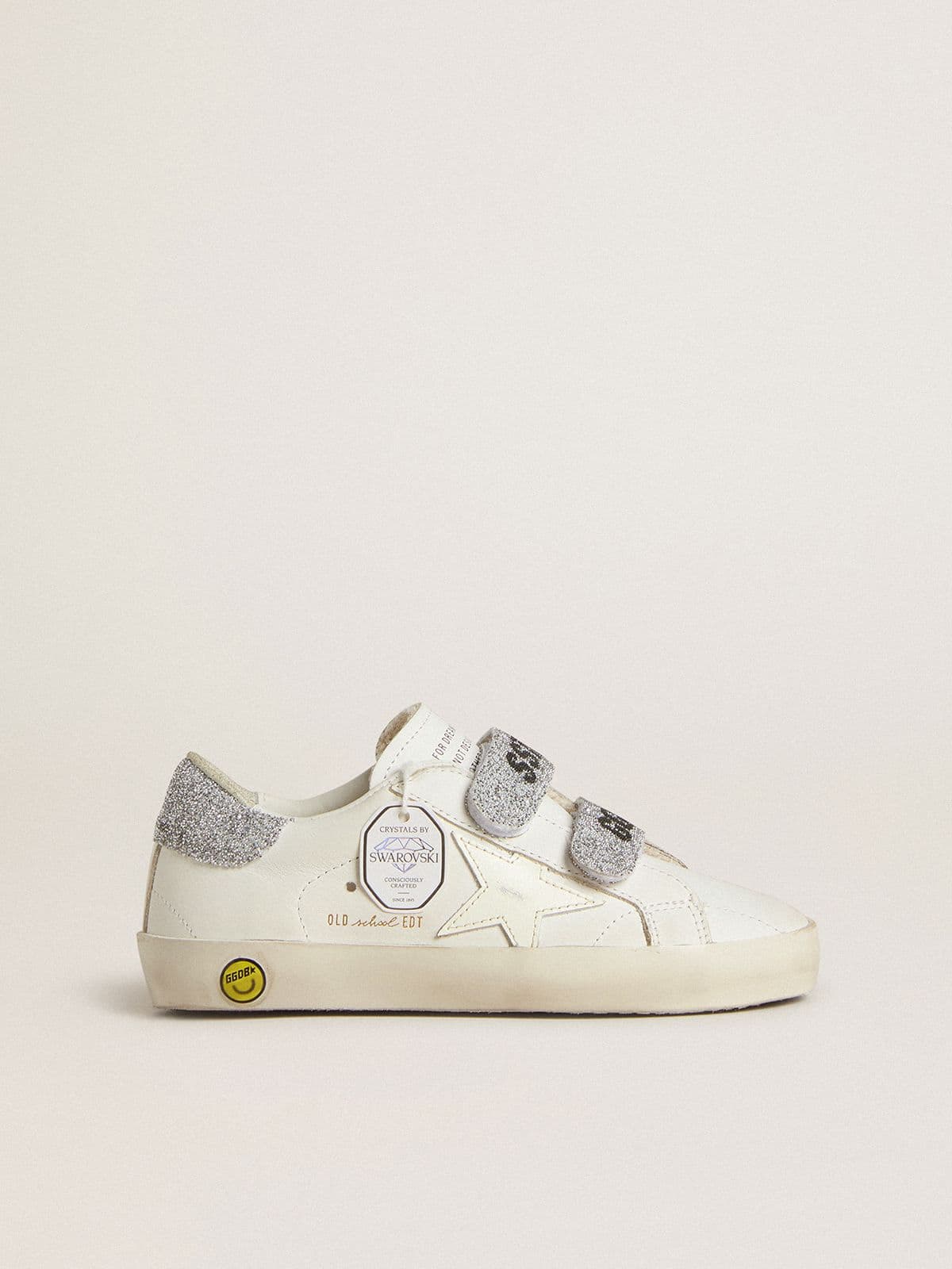 Golden Goose - Old School Teen in pelle bianca con talloncino e straps in cristalli Swarovski argento in 