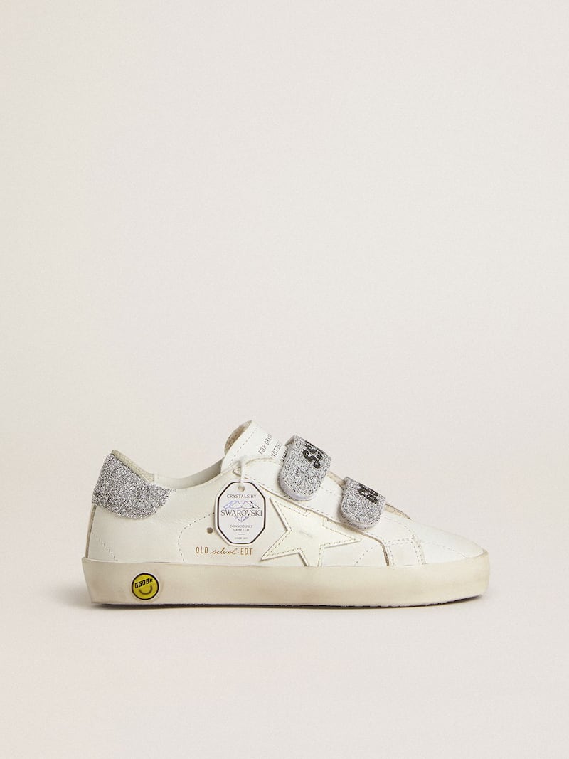 Teen Old School in white leather with silver Swarovski crystal heel tab and straps