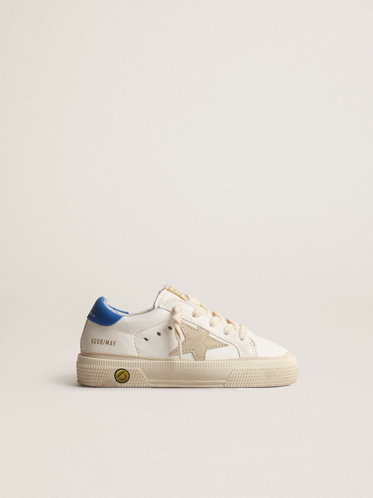 Golden Goose - May Teen blanches avec étoile en cuir velours gris et contrefort bleu in 