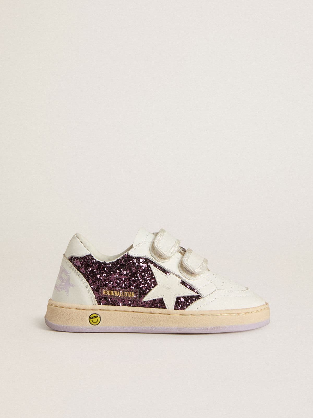 Golden Goose - Ball Star Teen in glitter viola con stella e talloncino in pelle bianca in 