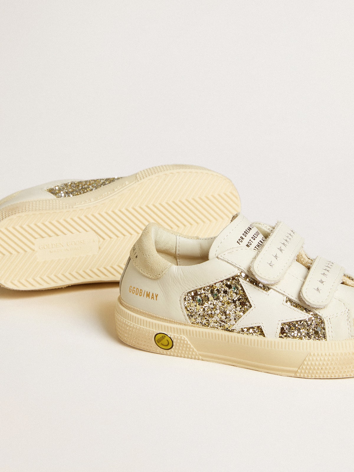 May Teen in white leather and gold glitter with white
