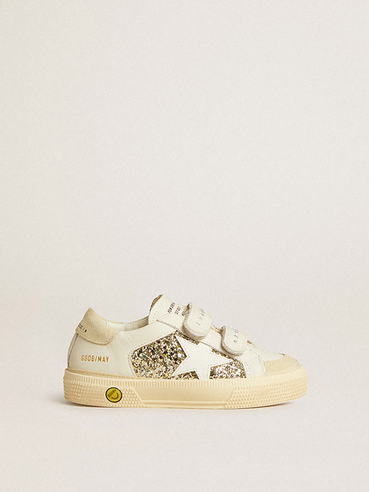 May Teen in white leather and gold glitter with white
