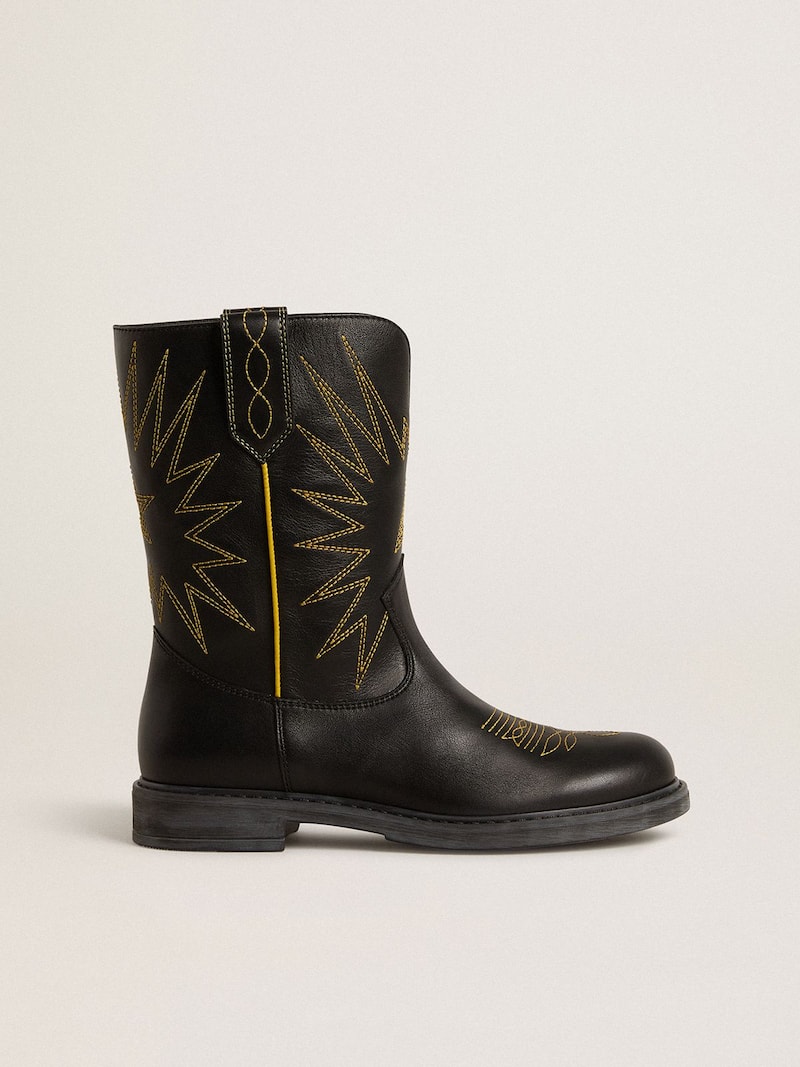 Wish Teen boots in black leather with yellow star embroidery
