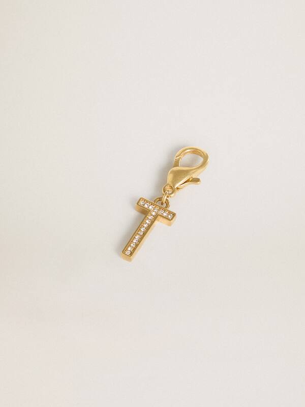 Golden Goose - Letter T charm in gold-colored brass with crystals in 