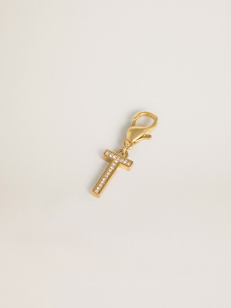 Golden Goose - Charm aus goldfarbenem Messing in Form des Buchstabens T mit Glassteinchen in 