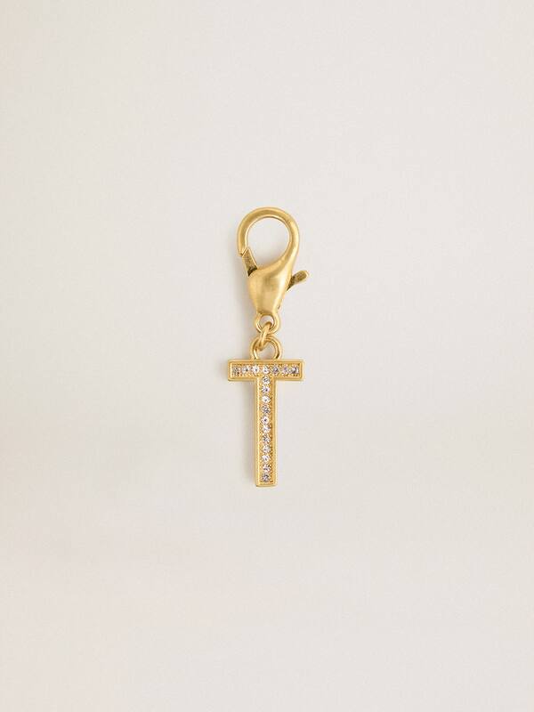 Golden Goose - Letter T charm in gold-colored brass with crystals in 