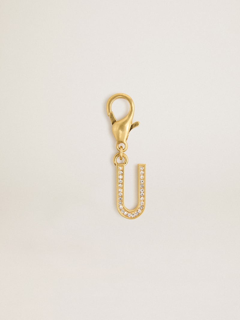 Letter U charm in gold-colored brass with crystals