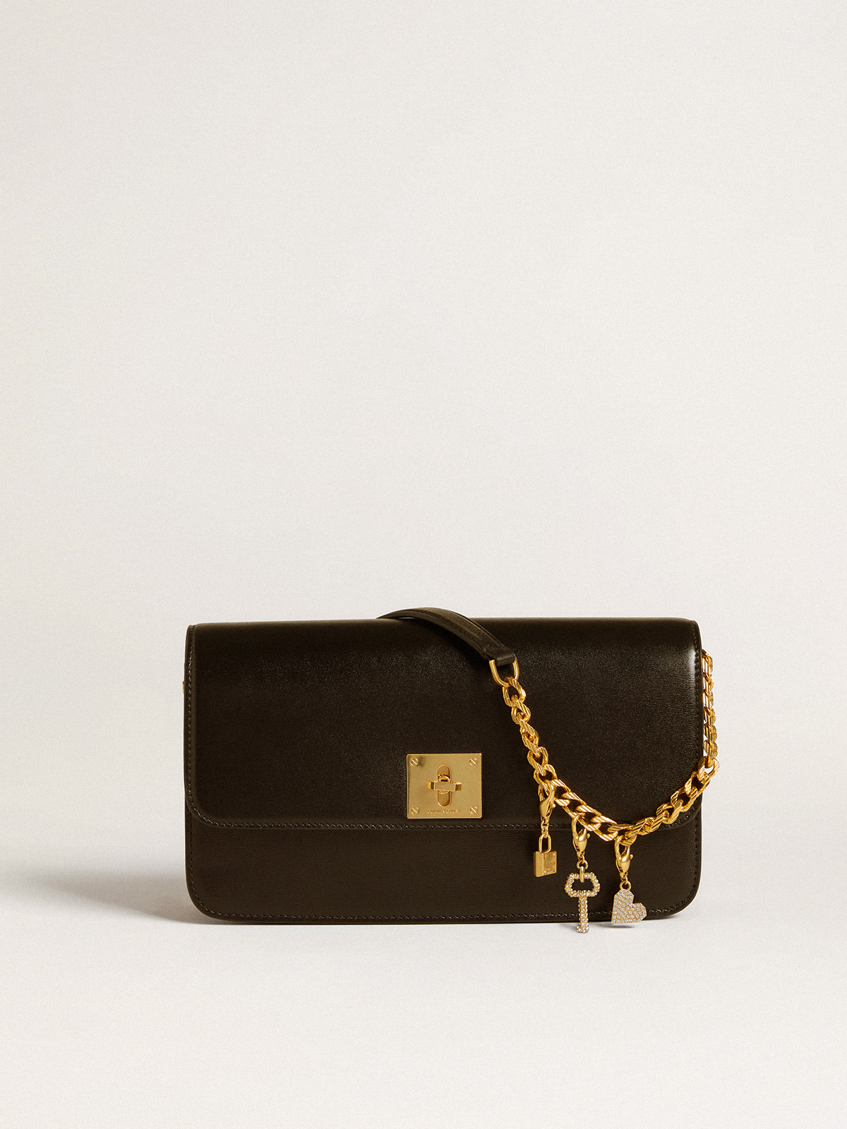 Golden Goose - Key-shaped charm in gold-colored brass with crystals in