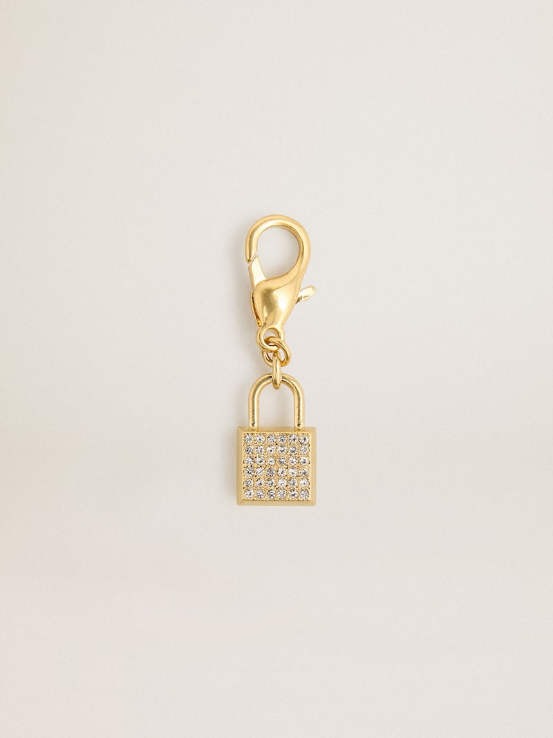 Lock-shaped charm in gold-colored brass with crystals