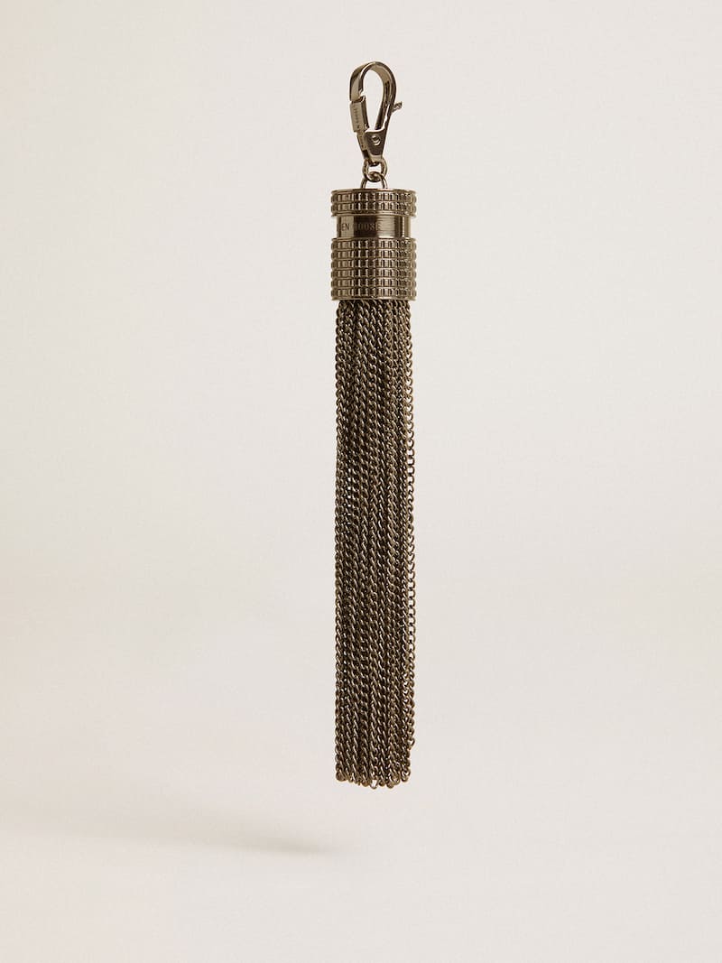 Tassel-shaped charm in silver-colored brass with crystals