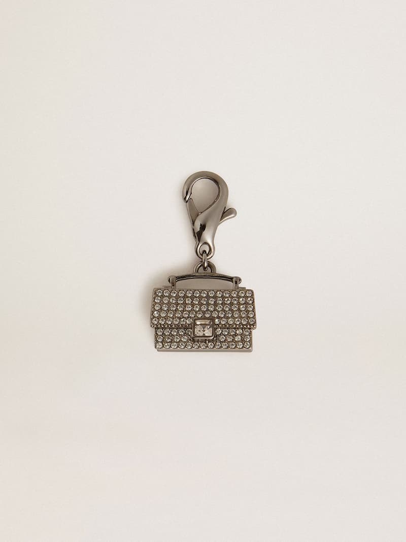 Purse-shaped charm in silver-colored brass with crystals