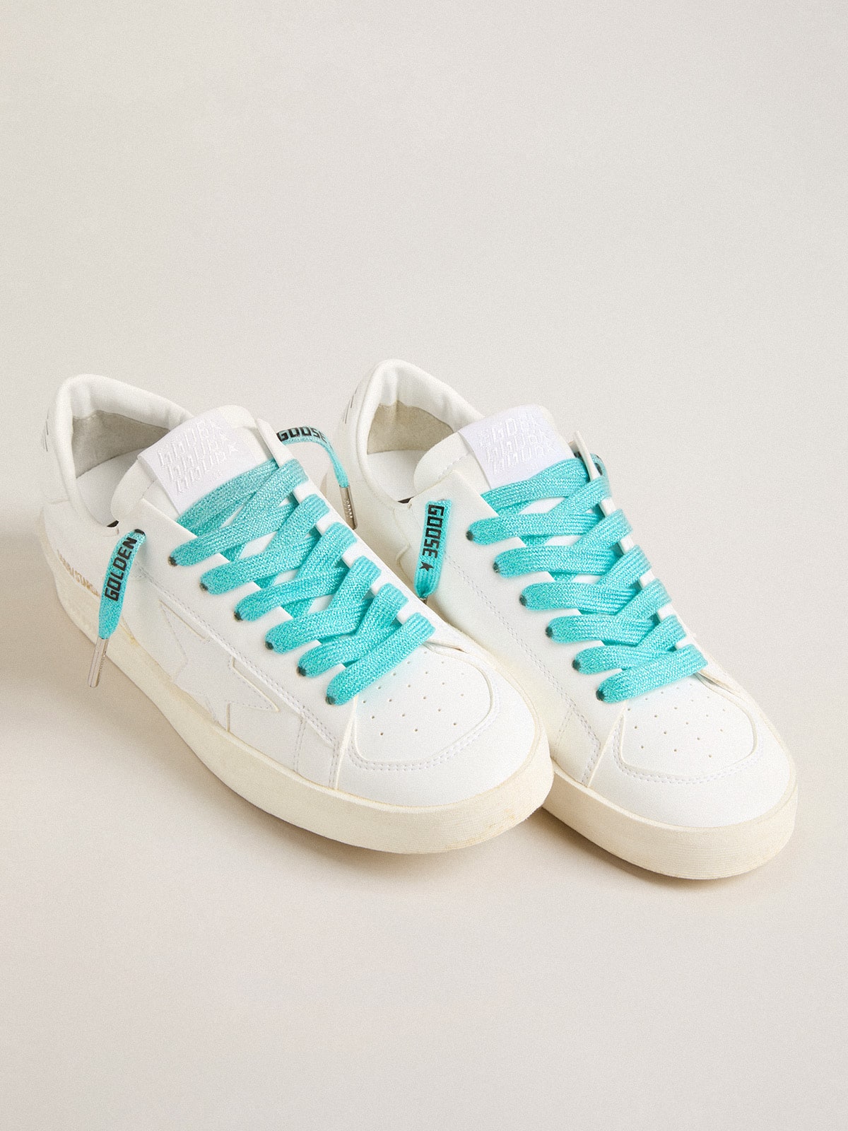 Golden Goose - Lacci in lurex color azzurro chiaro con logo color nero a contrasto in 