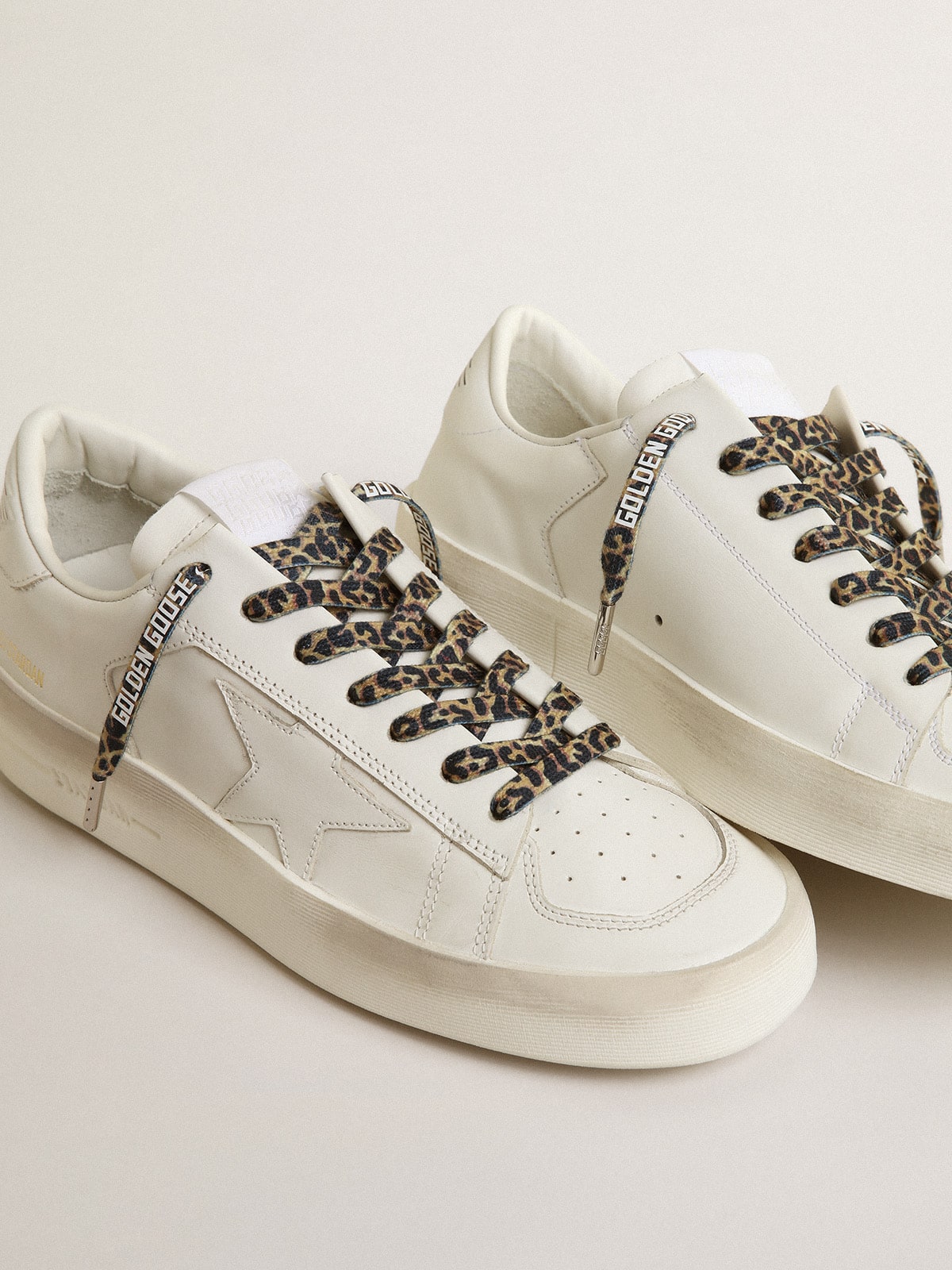 Golden Goose - Beige leopard-print laces with contrasting white logo in 