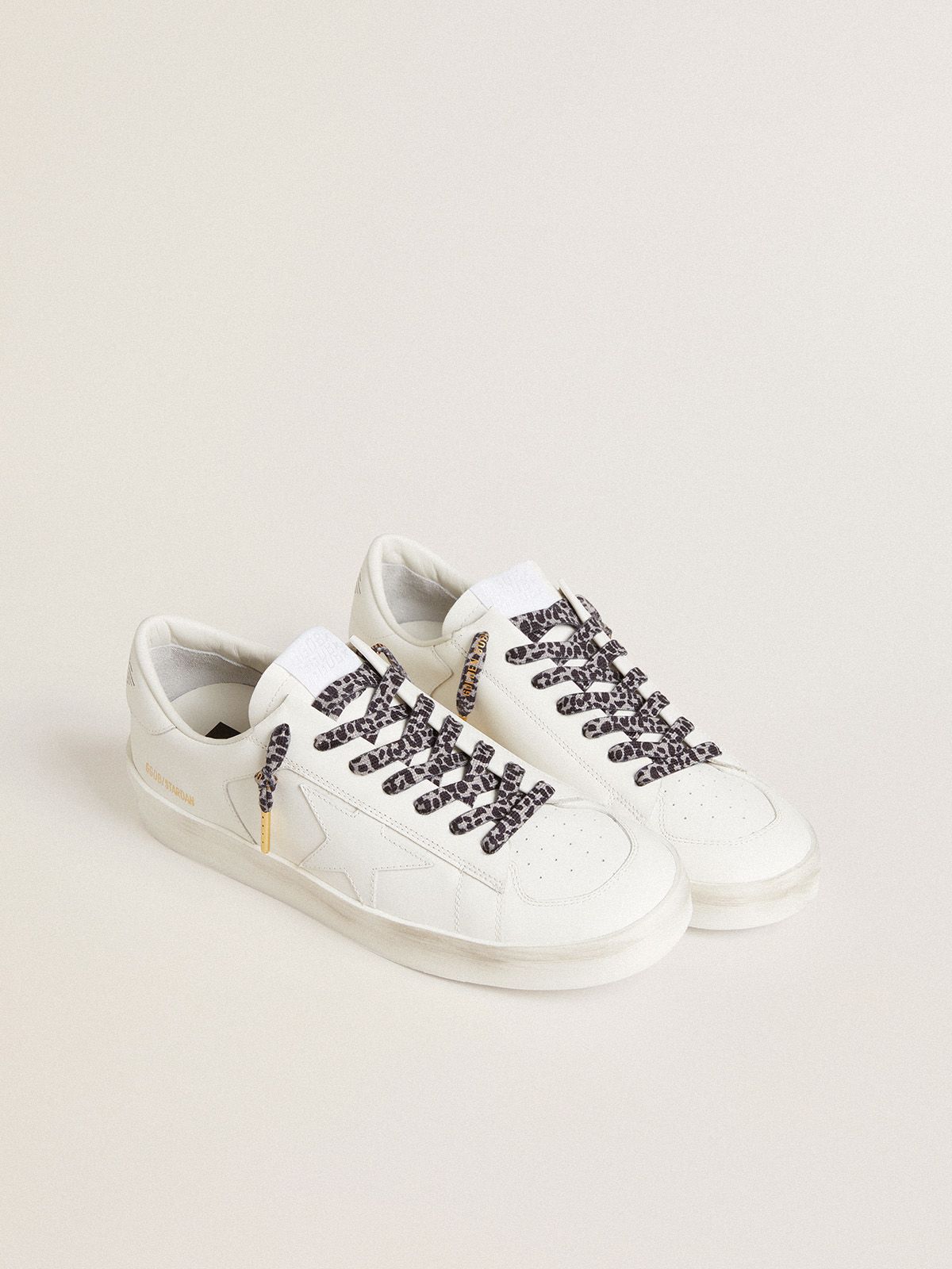 Golden Goose - Lacets à imprimé animalier gris et noir avec logo doré contrasté in