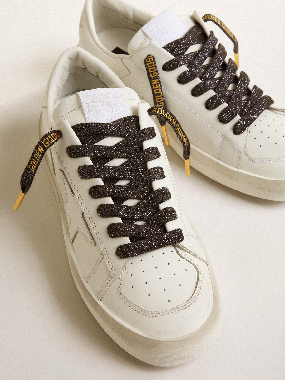 Golden Goose - Lacci in lurex color grigio scuro con logo dorato a contrasto in 