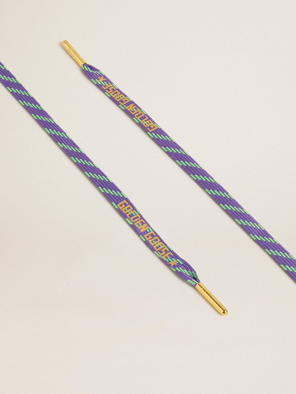 Golden Goose - Neon green and purple cotton laces with contrast gold lettering in 