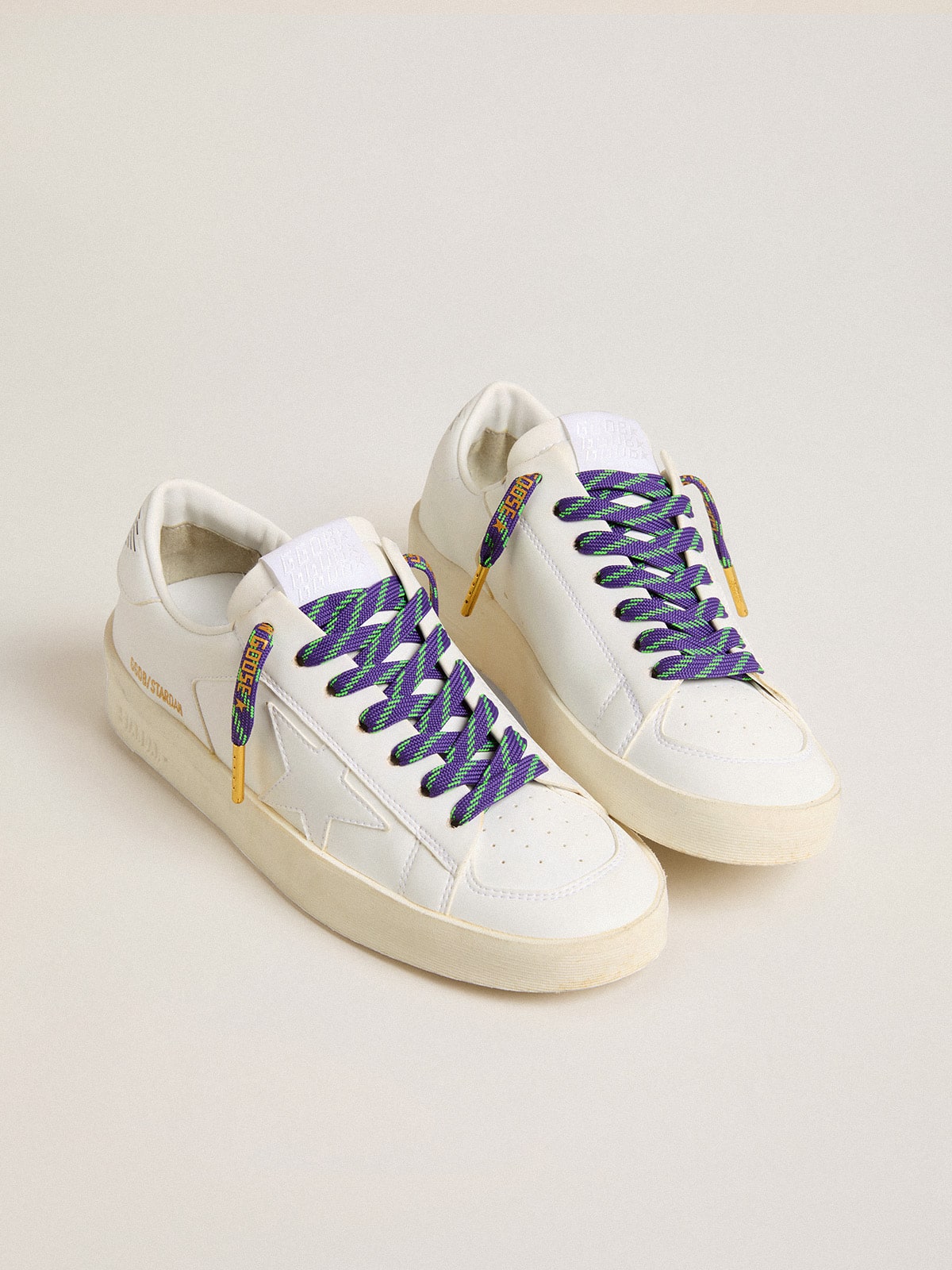 Golden Goose - Neon green and purple cotton laces with contrast gold lettering in 