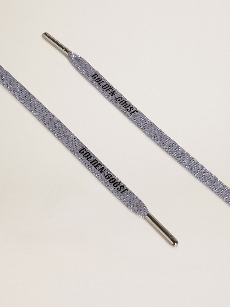 Silver-colored Lurex laces with contrasting black logo