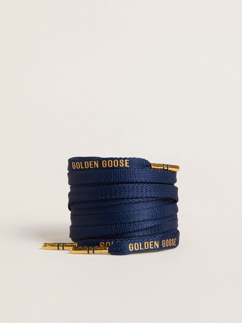 Blue cotton laces with contrasting gold-colored logo