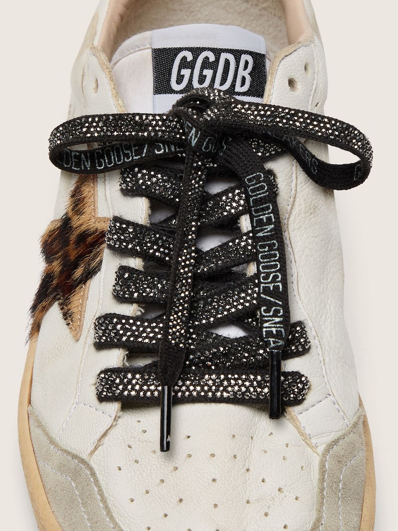Golden Goose - Cordones de algod&oacute;n negro con cristales Swarovski plateados y logotipo blanco in 