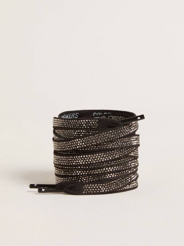 Golden Goose - Black cotton laces with silver Swarovski crystals and white logo in 