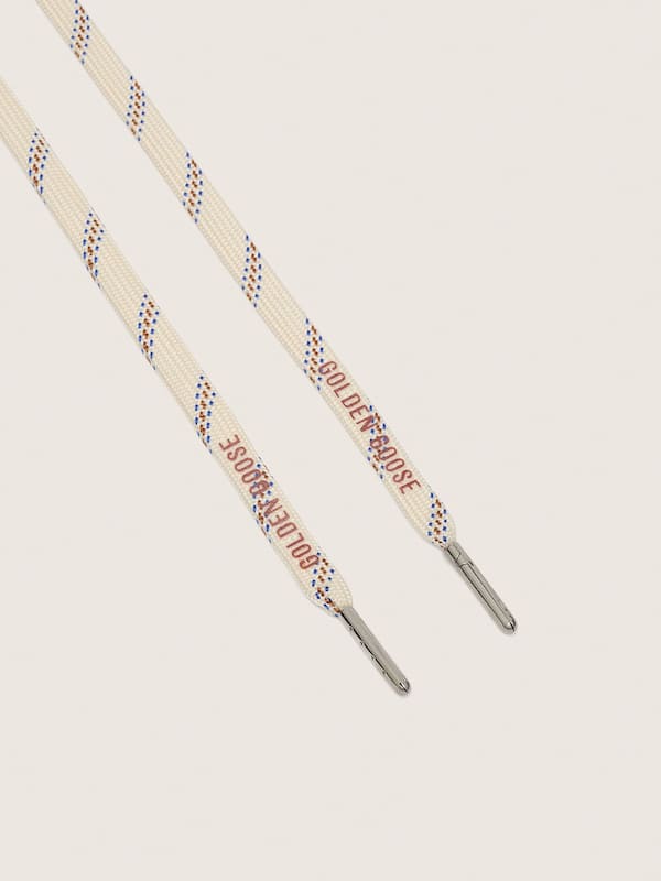 Cream hiking laces with bright blue and burgundy details