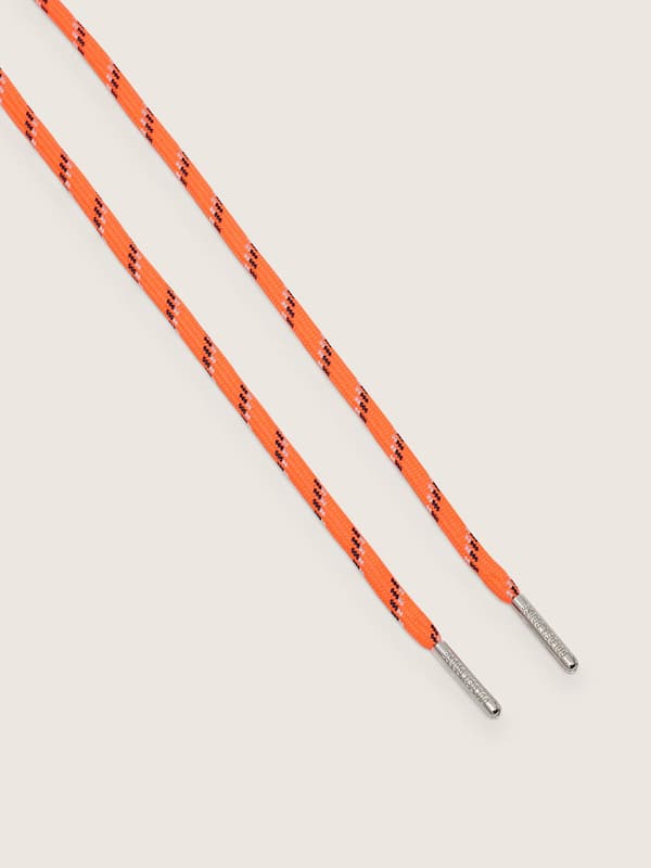 Orange hiking laces with gray and black details