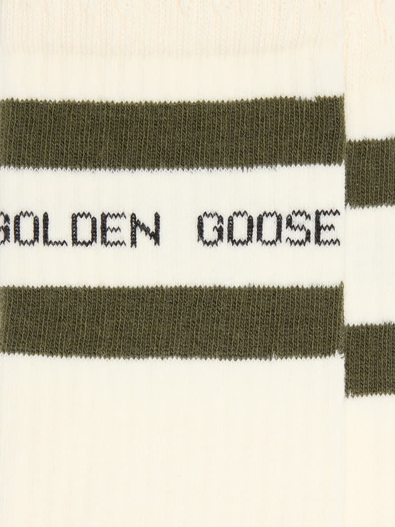 Golden Goose - Calzini in cotone con finiture distressed, stripes verdi e logo nero in 