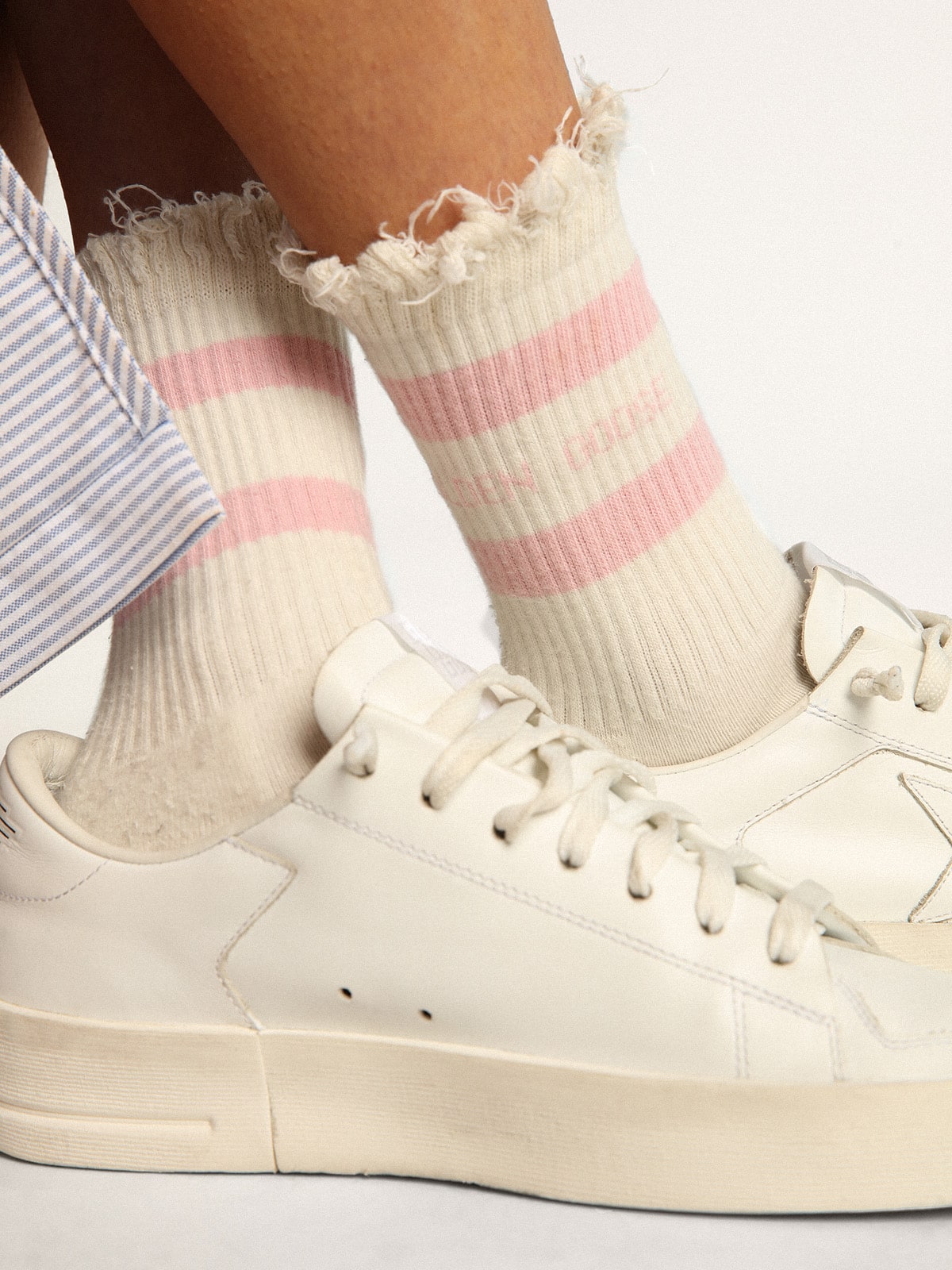 Distressed finish white socks with baby pink logo and stripes Golden Goose