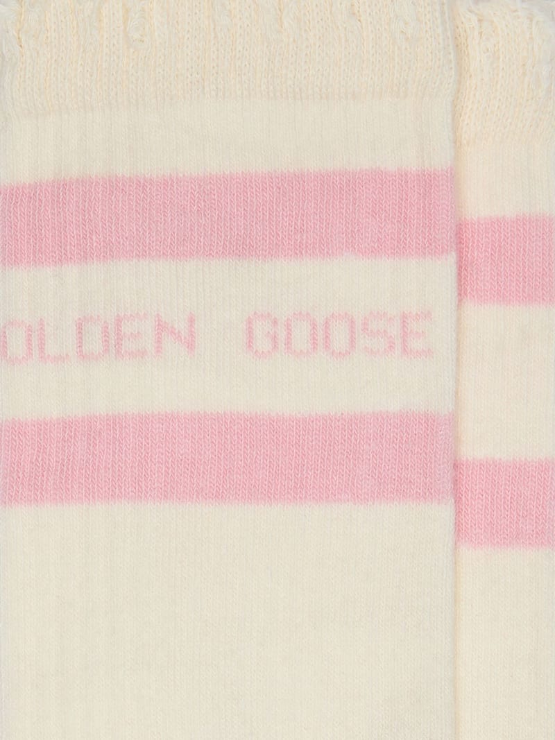 Golden Goose - Calzini bianchi dal trattamento distressed con logo e righe color rosa baby in 