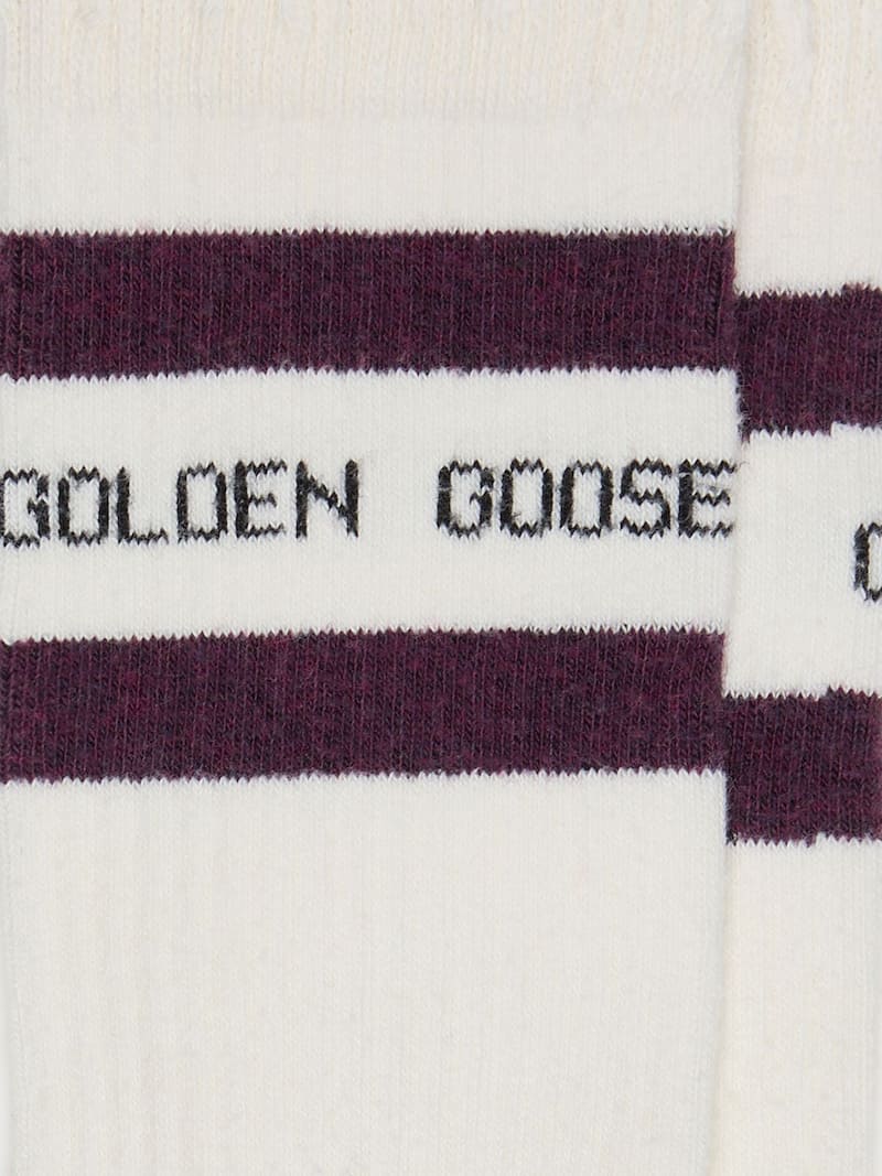 Golden Goose - Calzini bianco vissuto con dettagli distressed e stripes marroni in 