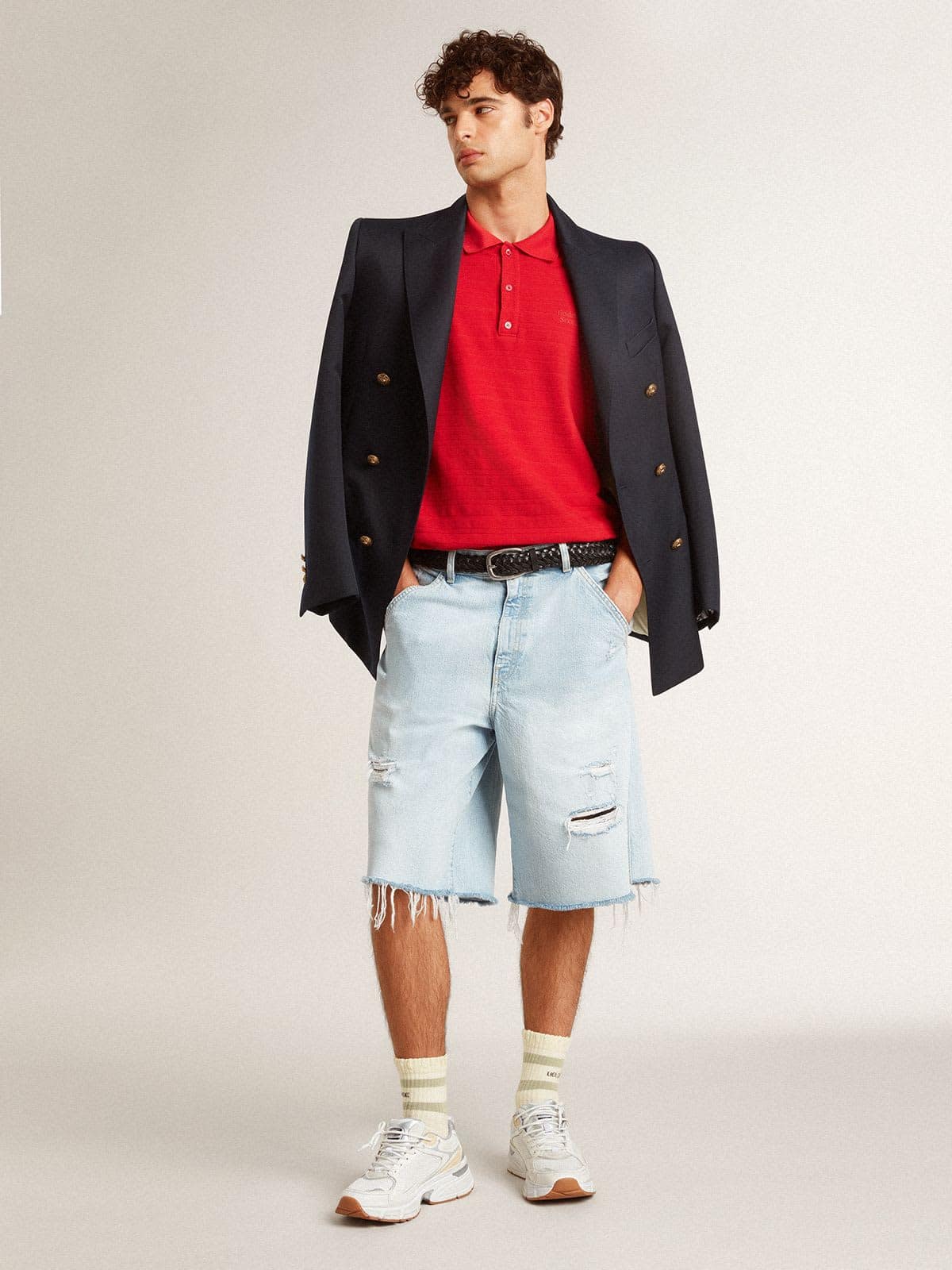 Golden Goose - Worn-white socks with distressed details and sage-green stripes in 