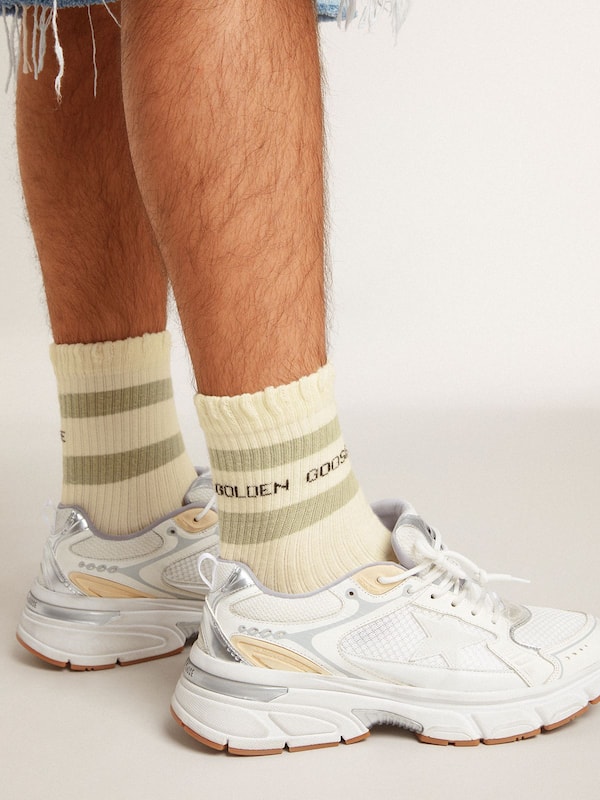 Golden Goose - Worn-white socks with distressed details and sage-green stripes in 