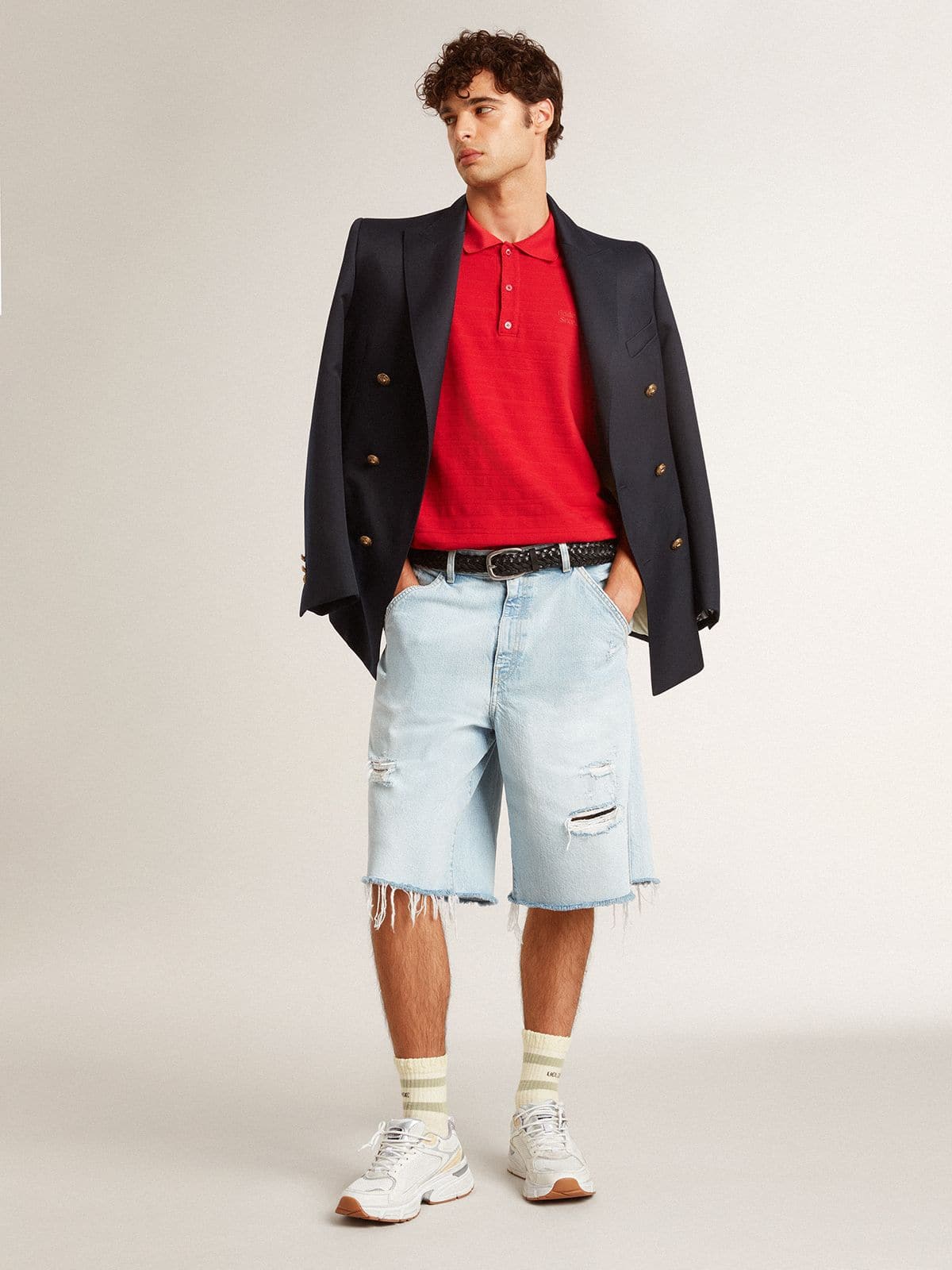 Golden Goose - Worn-white socks with distressed details and sage-green stripes in 