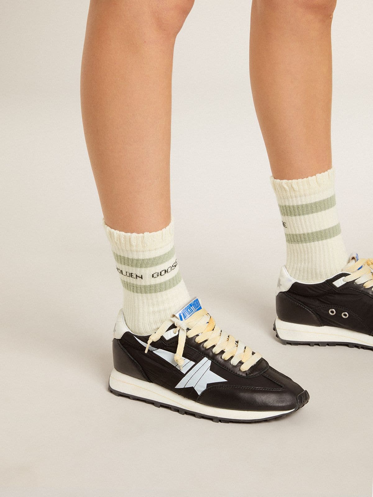 Golden Goose - Worn-white socks with distressed details and sage-green stripes in 