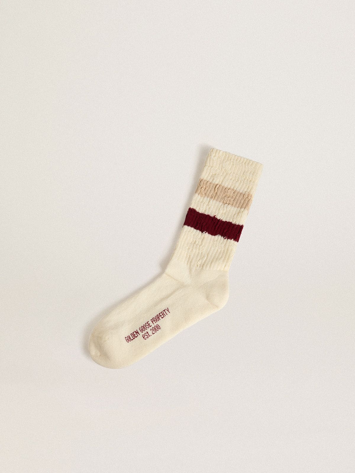 Golden Goose - Chaussettes blanc vieilli avec détails usés et rayures beiges et bordeaux in 