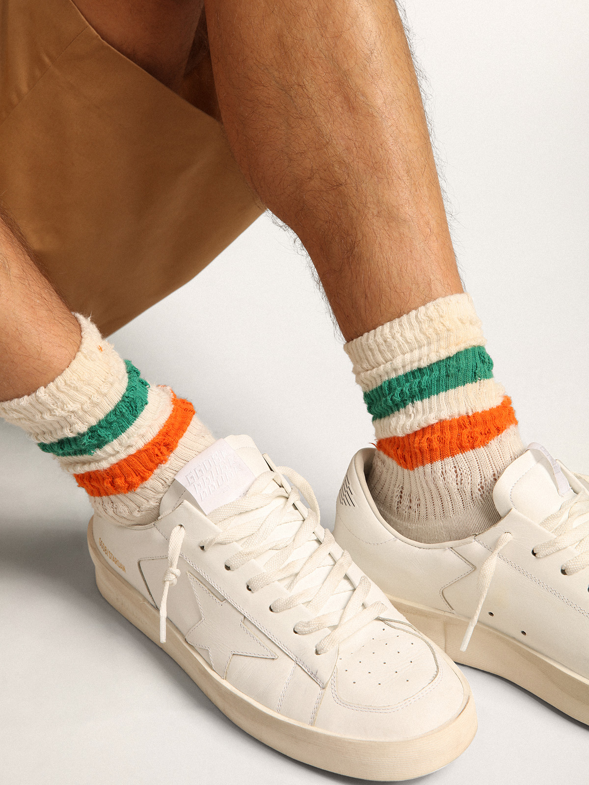 Golden Goose - Distressed-finish white socks with green and orange stripes in