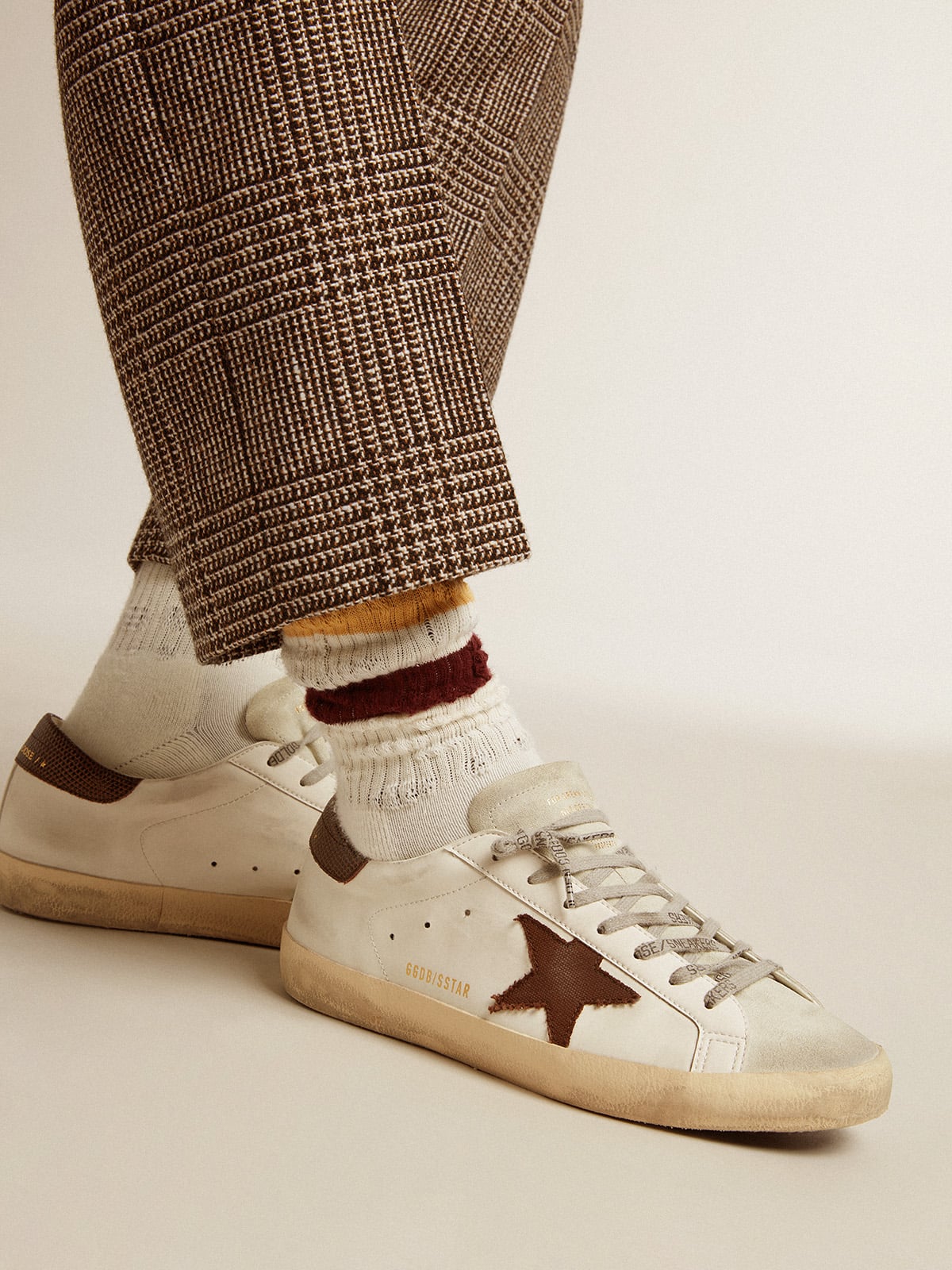 Golden Goose - Worn white with distressed details and two-tone mustard and burgundy stripes in 