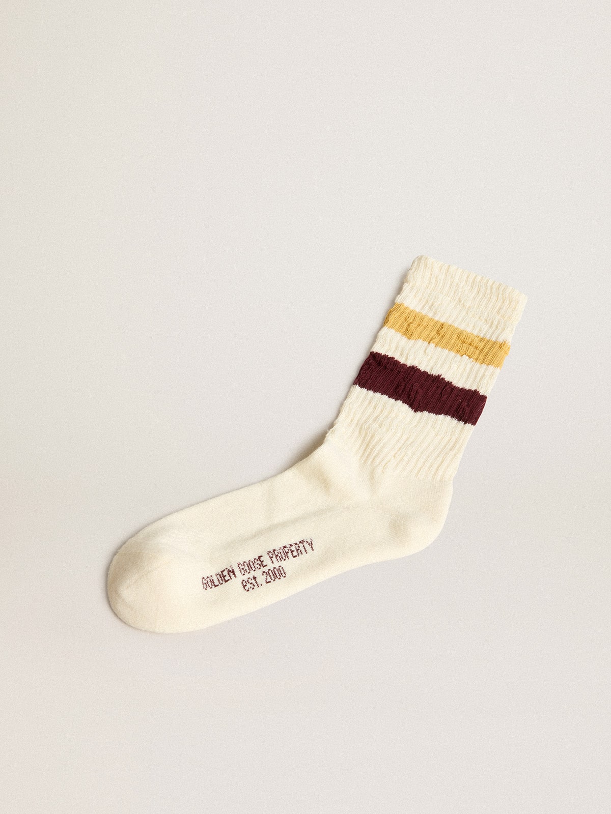 Golden Goose - Worn white with distressed details and two-tone mustard and burgundy stripes in 