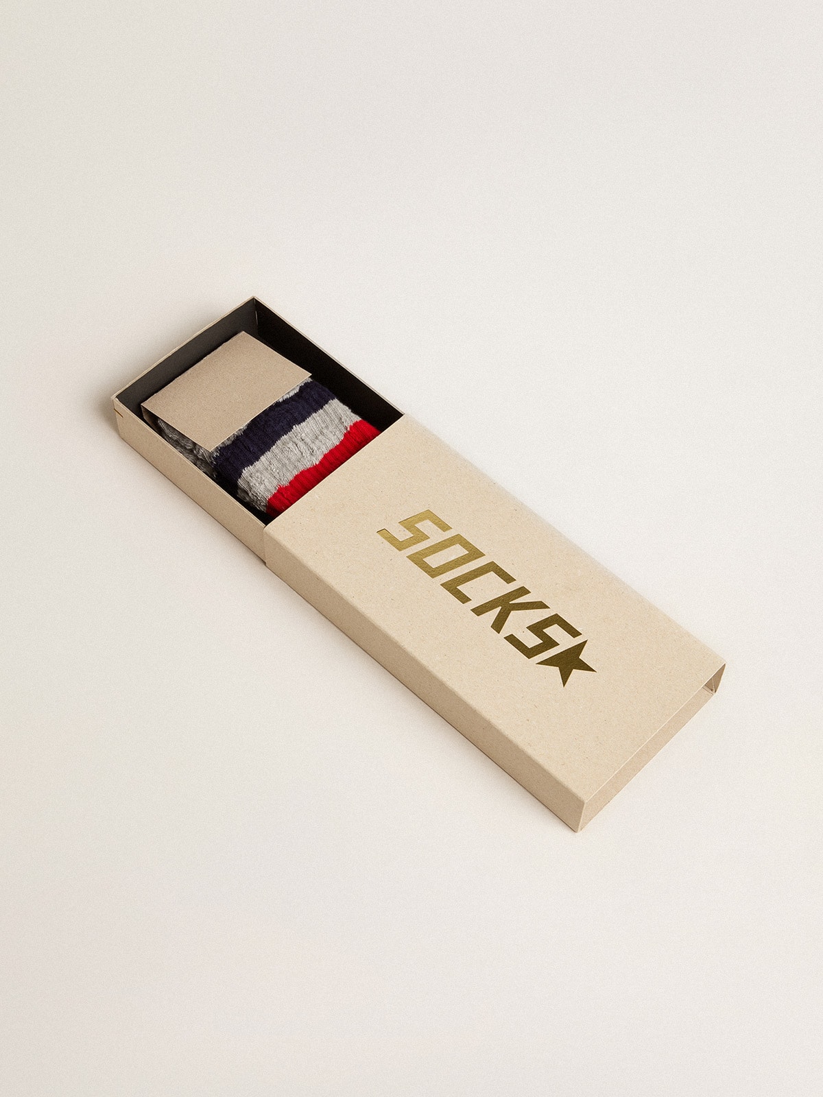 Golden Goose - Gray socks with contrasting red and blue stripes and red logo in 