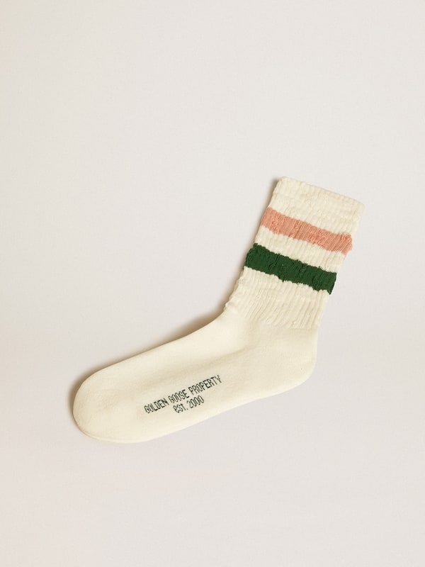 Golden Goose - Worn-white socks with distressed details and pink and green stripes in 