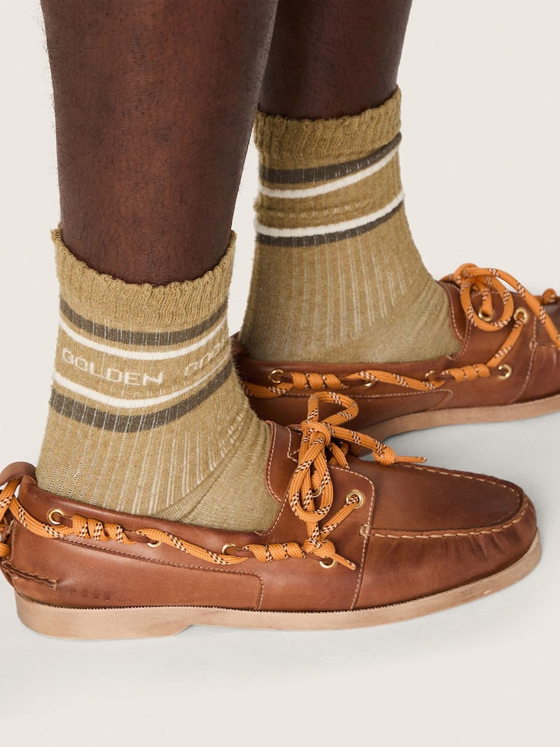 Golden Goose - Khaki-colored socks with distressed details and dark green and white stripes in 