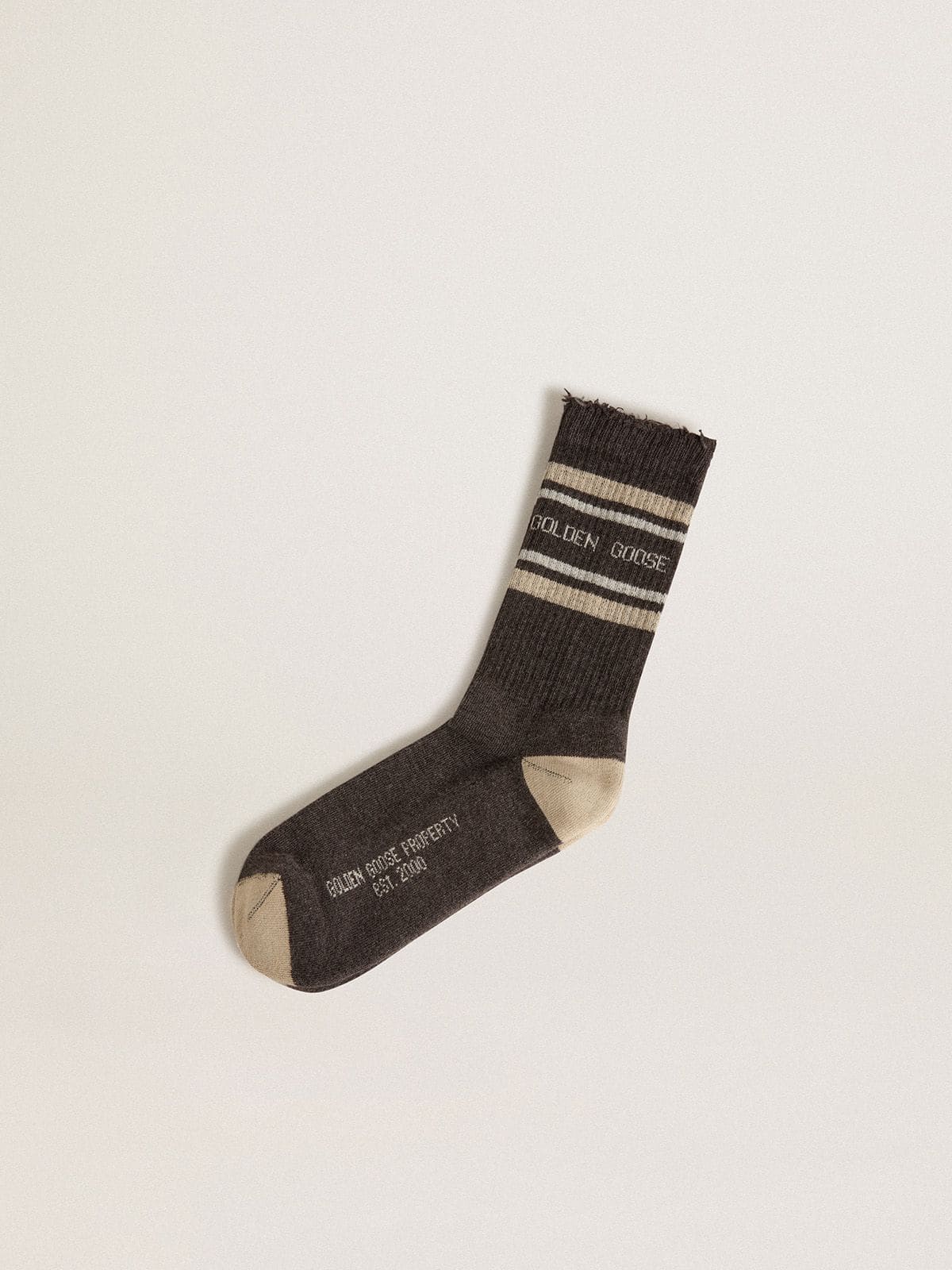Golden Goose - Dark grey socks with distressed details and cream and worn-white stripes in 