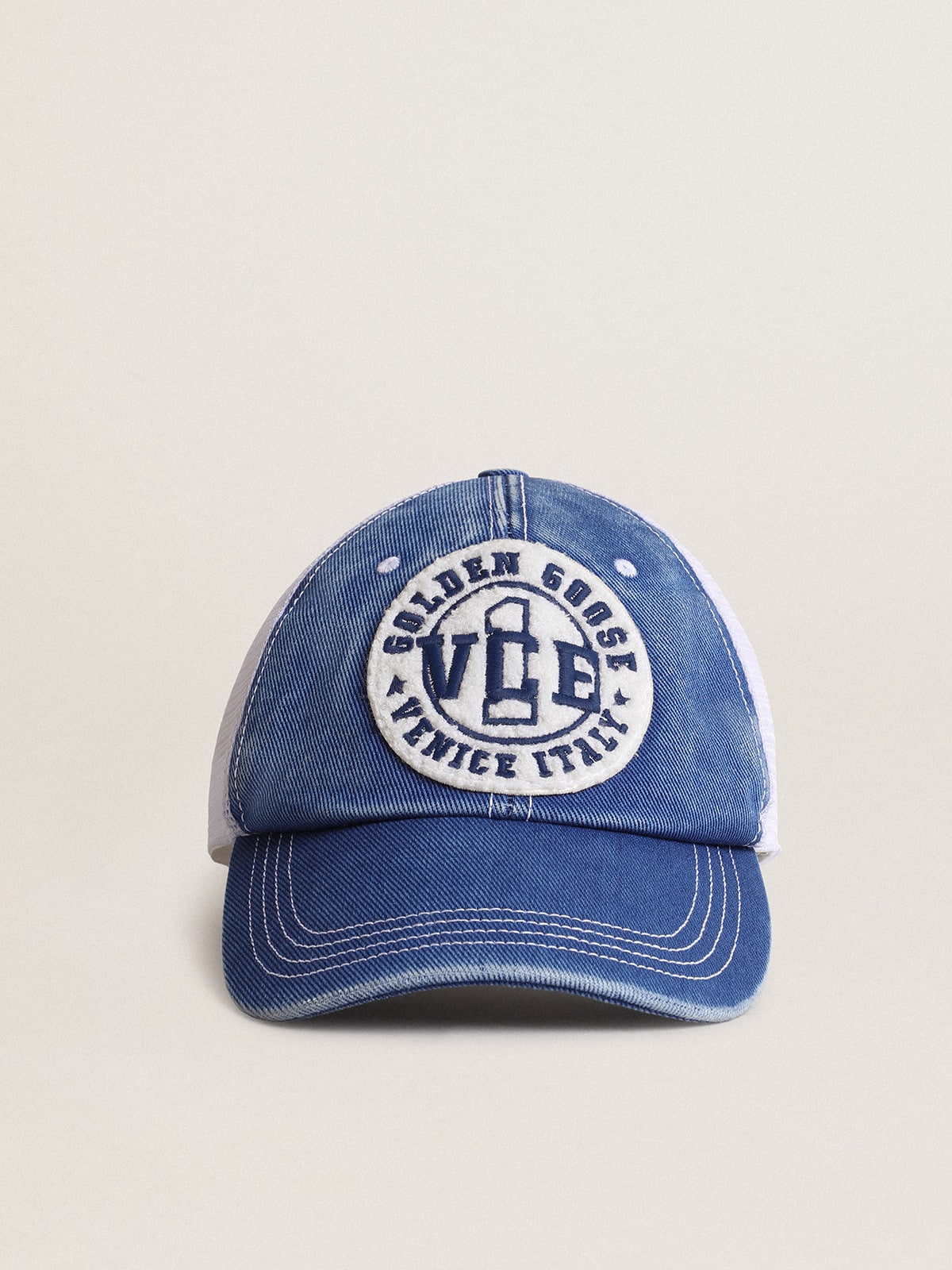 Golden Goose - Hat in vintage light blue cotton with white mesh and patch on the front in 